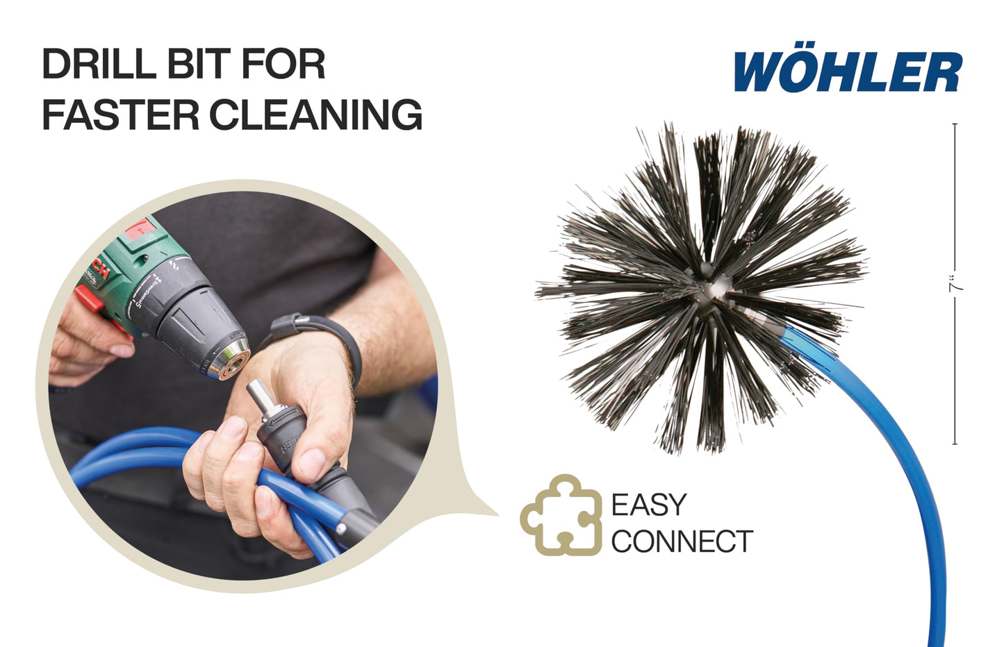 Wohler Rotary Brush M10-50' | Air Duct & Dryer Vent Cleaning Tool | Drill Powered | Easy Operation | for Residential & Commercial Use | Incl. Brush Head