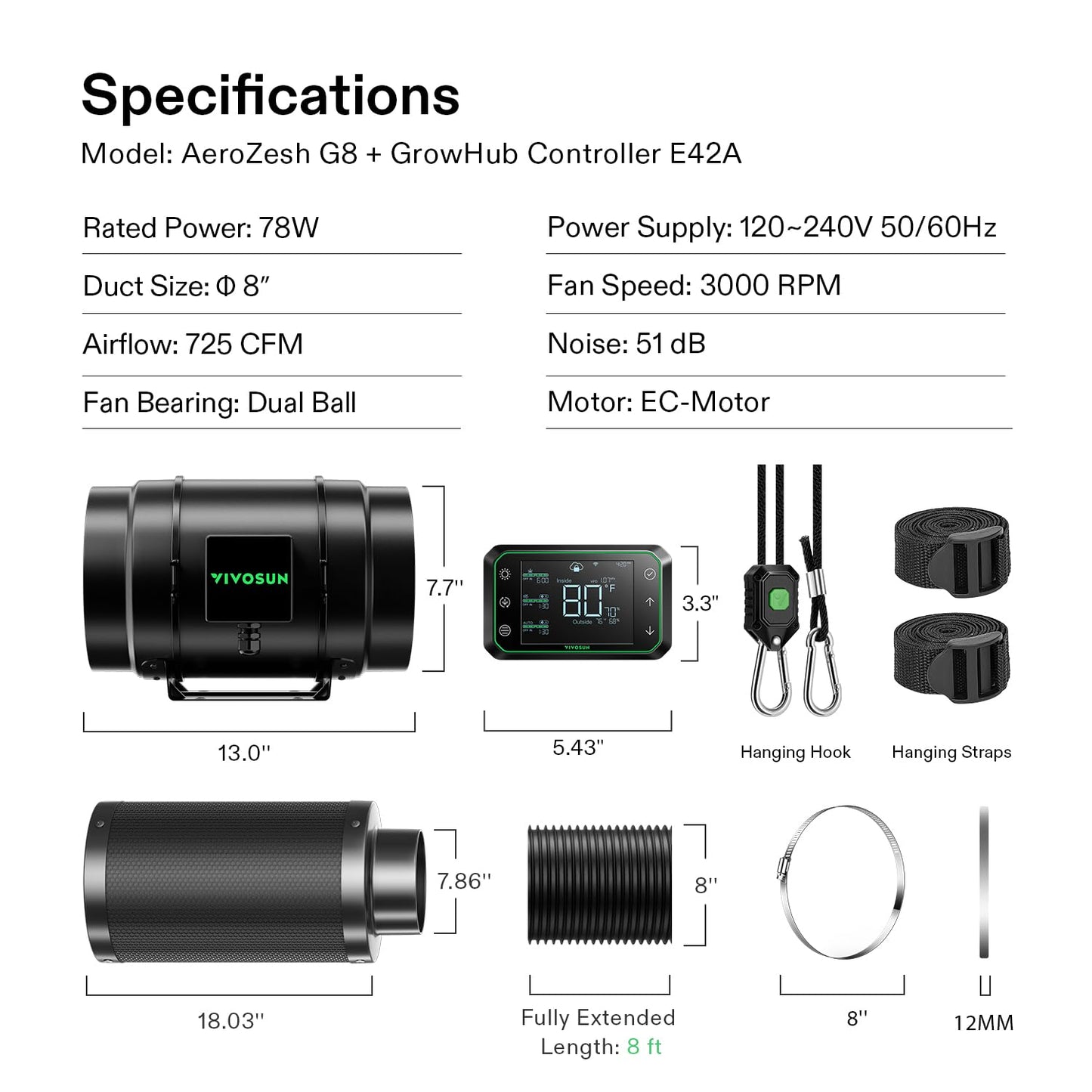 VIVOSUN Smart Air Filtration PRO G8 Kit 8", AeroZesh G8 Inline Duct Fan w/GrowHub E42A Temp. Humidity WiFi-Controller, Carbon Filter & Ducting, Cooling & Ventilation System for Grow Tent, Hydroponics