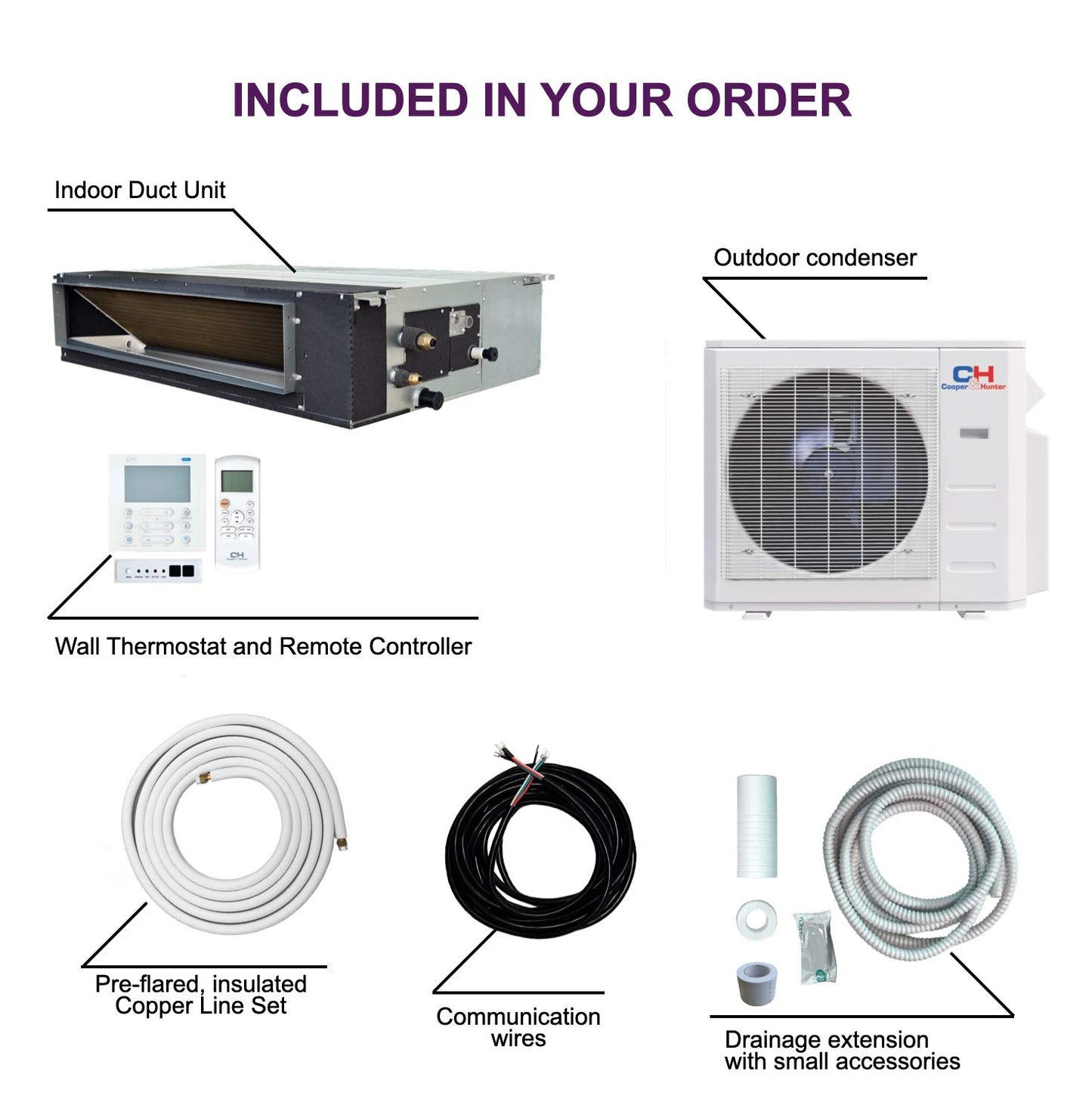 Cooper & Hunter 12,000 BTU Concealed Slim Duct Mini Split AC/Heating system, Built-in Water Pump, Pre-Charged, Including Installation Kit, Remote, and Wall Thermostat