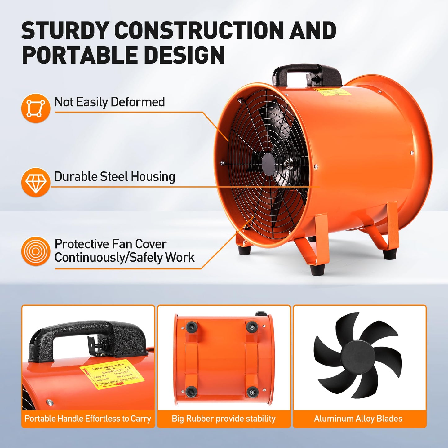 Rengue 16 Inches Utility Blower Exhaust Fan with 32.8 FT Duct, 3300 r/min High Velocity Low Noise Extraction and Ventilation Fan with Duct Hose