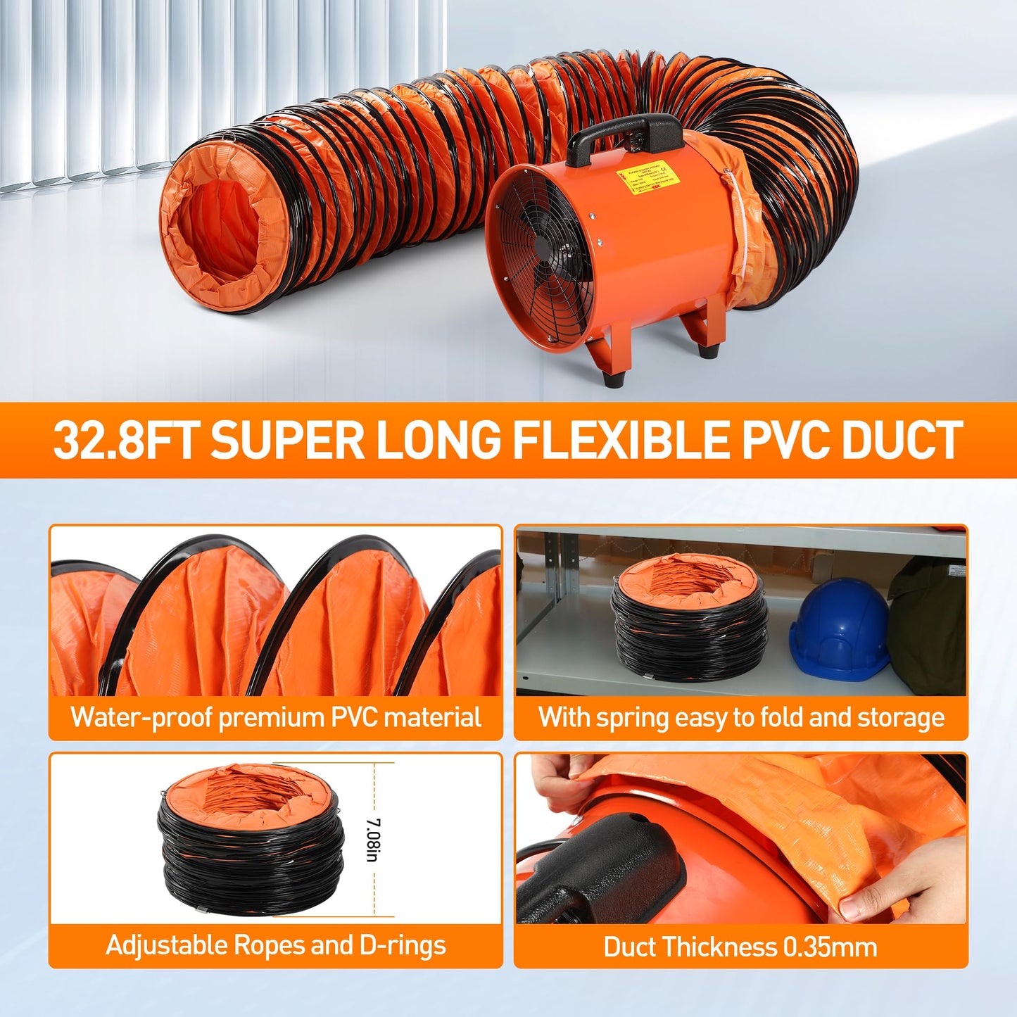 Rengue 16 Inches Utility Blower Exhaust Fan with 32.8 FT Duct, 3300 r/min High Velocity Low Noise Extraction and Ventilation Fan with Duct Hose