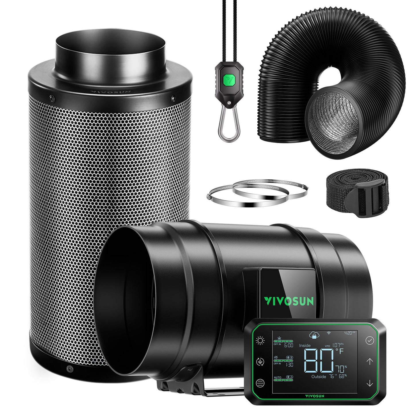 VIVOSUN Smart Air Filtration PRO G8 Kit 8", AeroZesh G8 Inline Duct Fan w/GrowHub E42A Temp. Humidity WiFi-Controller, Carbon Filter & Ducting, Cooling & Ventilation System for Grow Tent, Hydroponics