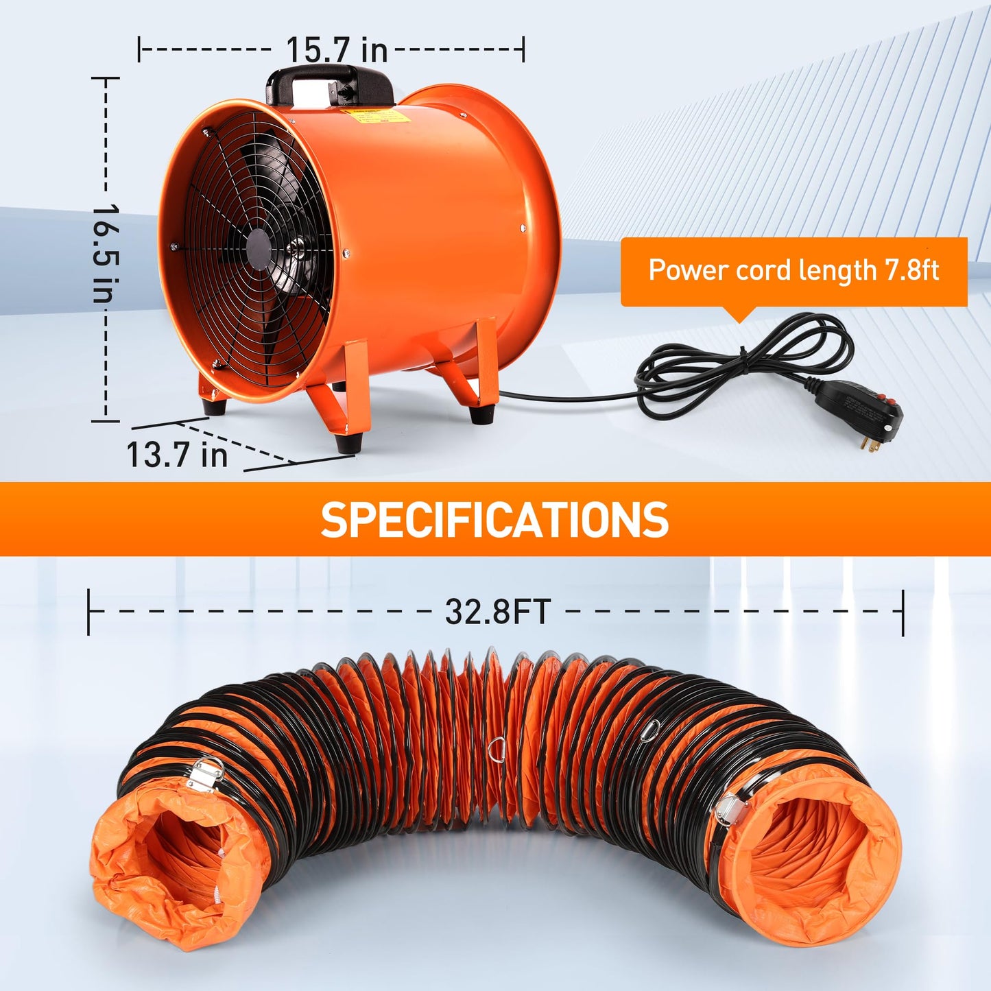 Rengue 16 Inches Utility Blower Exhaust Fan with 32.8 FT Duct, 3300 r/min High Velocity Low Noise Extraction and Ventilation Fan with Duct Hose