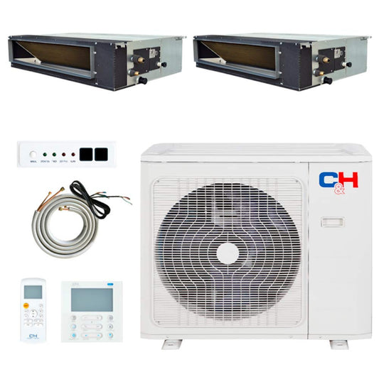 Dual Zone 12,000 + 18,000 BTU Concealed Duct Mini Split Air Conditioner and Heat Pump Full Set with 25ft Installation Kits