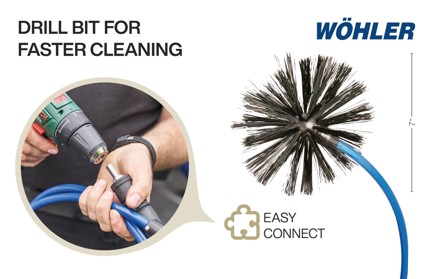 Wohler Rotary Brush M10-16' Set | Air Duct & Dryer Vent Cleaning Tool | Drill Powered | Easy Operation | for Residential & Commercial Use | Incl. 3 Brush Heads, Blue