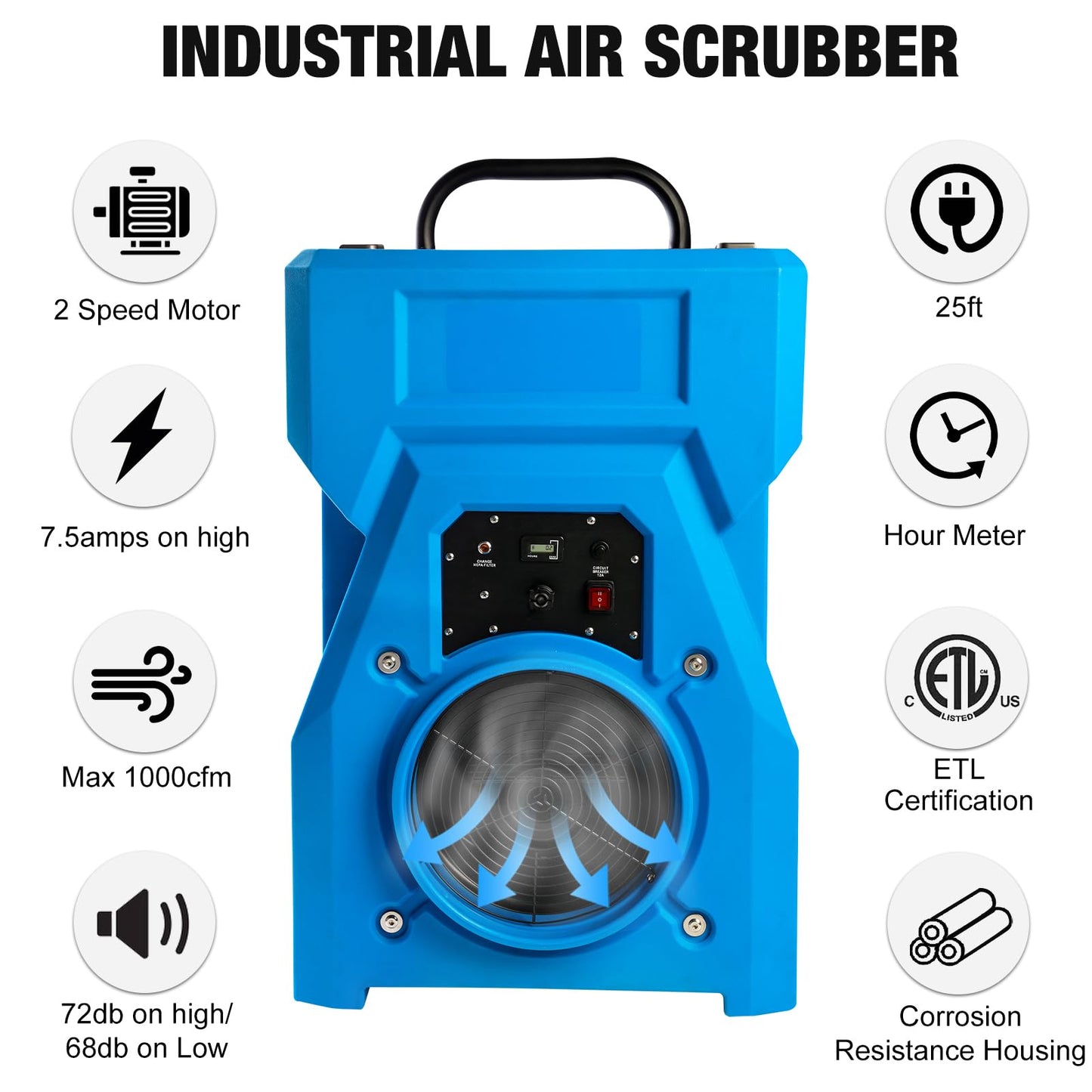 MOUNTO 1000cfm Portable Industrial Air Purifier Negative Air Scrubber - Powerful 1HP Motor, True HEPA Filter, 2-Speed, Handle and wheels 3-Year Warranty